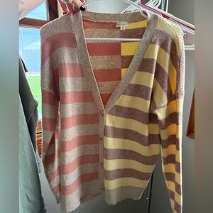 Striped V-Neck Hem & Thread Button Cardigan Sweater in Pink, Yellow and Brown